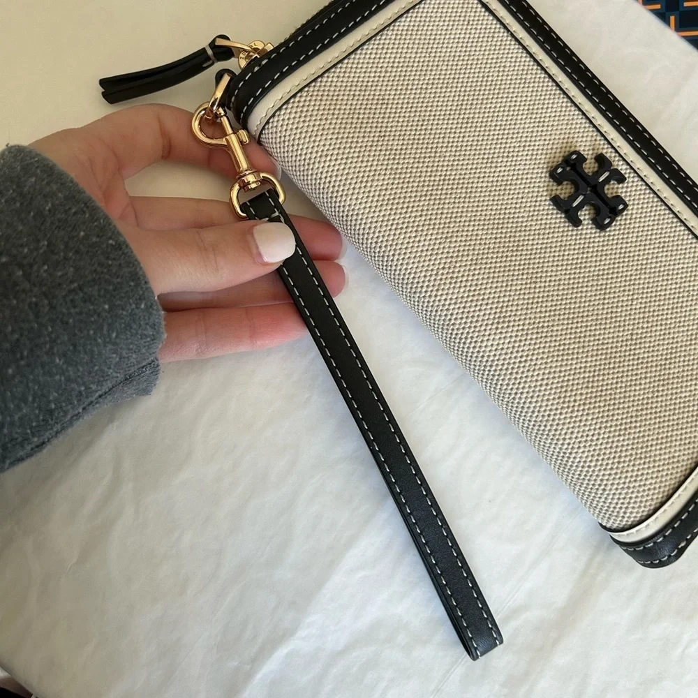 Tory Burch Emerson Canvas Zip Continental Wallet Multi Leather Black Tan Gold